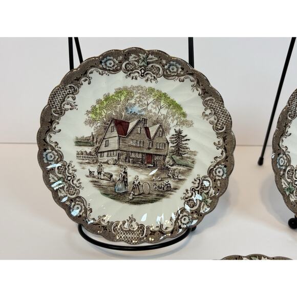 Heritage Hall Colonial Overhang Ironstone Plates Set of 4 Brown Transferware - Picture 2 of 9
